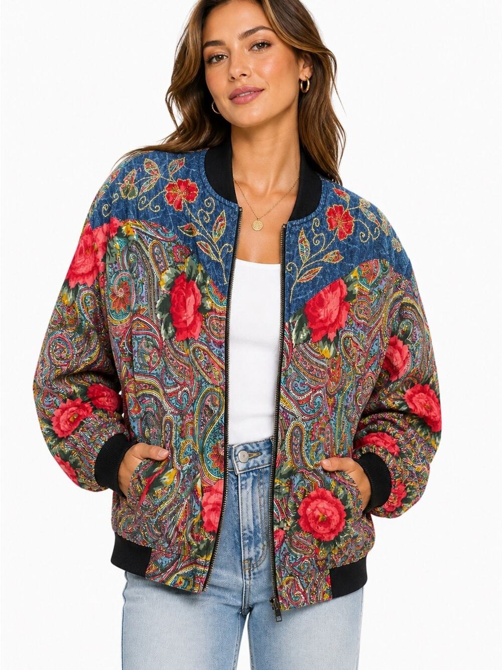 Vtg Jane Ashley Floral Paisley Bomber Jacket Embroidered Denim Yoke L Relaxed